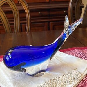 Murano style art glass Cobalt Blue Clear Whale Sculpture Decorative Art 10.5”